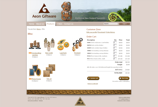 Aeon Giftware: Members order cart